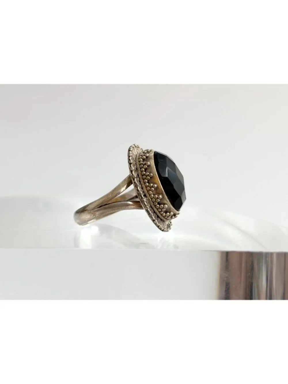 Smoky Quartz Faceted Oval Balinese Sterling Silver 925 Vintage Ring - sz 6.75